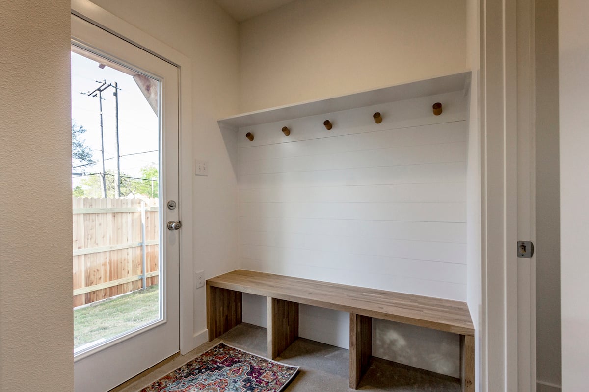 Home Design Accents: mudroom with butcher block seating and oak dowels