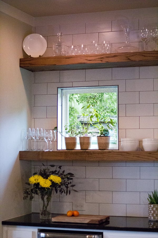 Home Design Accents: floating oak shelves in a kitchen