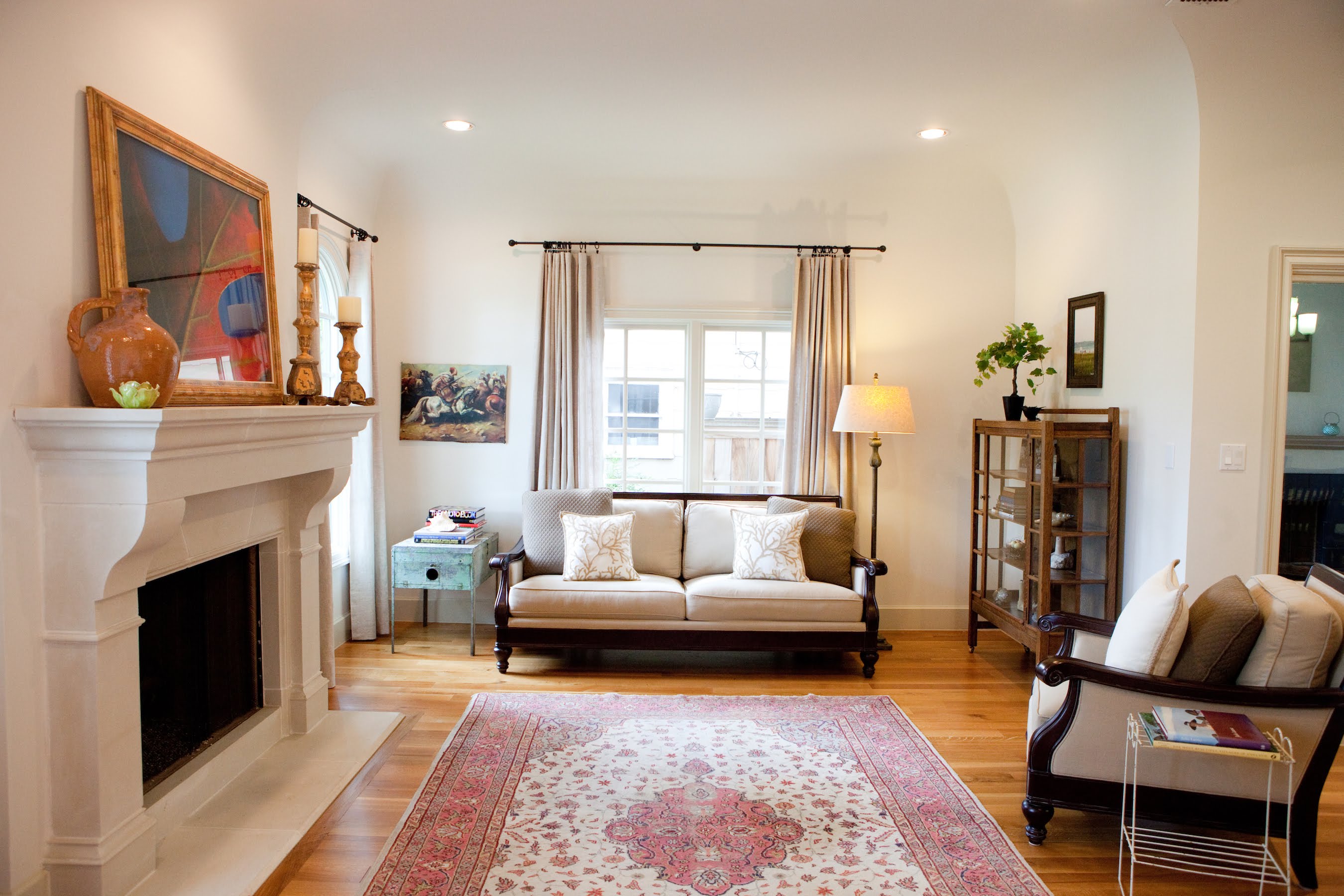 Living Room Design (Texas Homes): living room with coved ceilings and cast stone fireplace